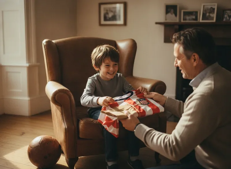 ילד מקבל חולצת כדורגל ראשונה במתנה